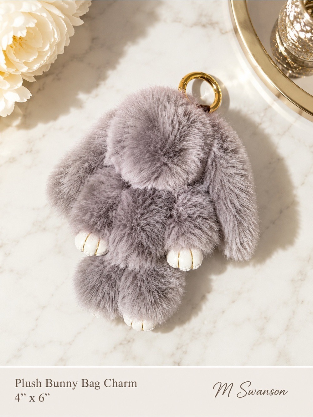 NEW Gray Faux Fur Bunny Rabbit Bag Charm Keychain with Gold Silver Ring Clips